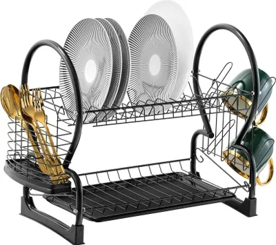 Produktbild von SEVICO Geschirrabtropfgestell Abtropfgestell Geschirrstaender mit Auffangschale Abtropfgitter Geschirrkorb Dish Drying Besteckfach Schwarz F148