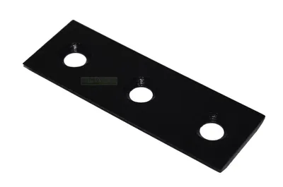 A black metal plate with three holes, shown on a white background.