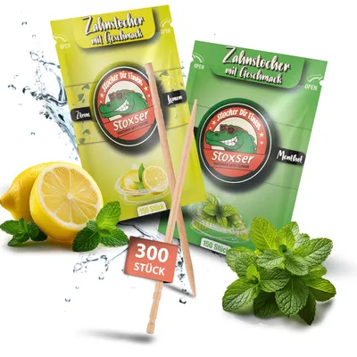 Produktbild von Stoxser 300x Zahnstocher mit Geschmack 2er Pack Zitrone / Lemon und Mint / Menthol Geschmacksrevolution Zahnstocher Geschmack Kein Kaugummi