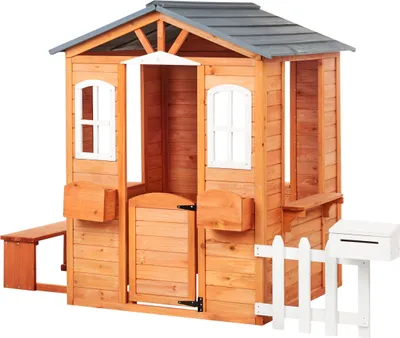 A wooden playhouse with a bench, mailbox, and fence, set against a white background.
