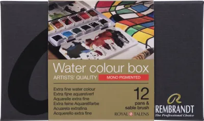 Produktbild von Rembrandt Aquarellfarben-Set im Metalletui mit monopigmentierte Farbauswahl I 12 Näpfchen + Pinsel