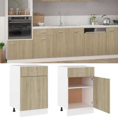 A kitchen scene with cabinets and appliances, followed by two separate images of a kitchen cabinet.
