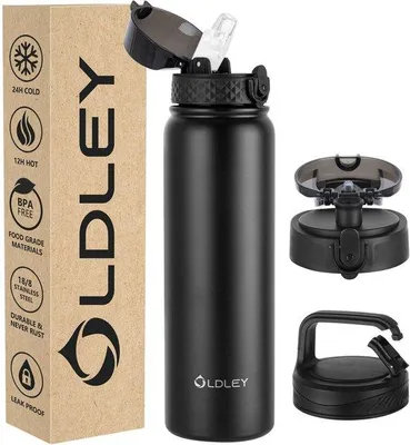 Image de Thermos RVS isotherme avec poignées, 1 L, 3 couvercles, grand format, étanche, conserve la chaleur et le froid, idéal pour le sport, le vélo et le camping (noir, 3 couvercles)