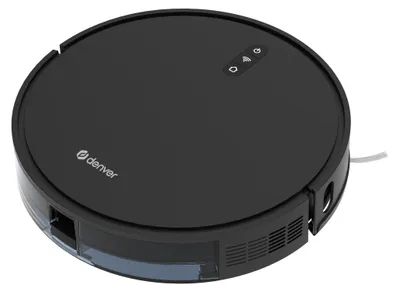 A black robot vacuum cleaner is shown from a diagonal top-down perspective on a white background.