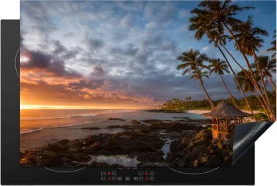 Produktbild von KitchenYeah© Herdabdeckplatte Sonnenuntergang - Palme - Strand , 80x52cm, Küche Deko, Glaskeramikkochfeld Herdabdeckung, Abdeckplatte fùr Kochfeld