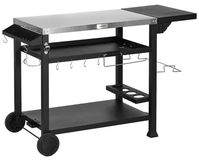 Produktbild von Outsunny Grillwagen & Grilltisch – mit klappbarem Beistelltisch, 3 Etagen, 6 Haken, Rollen, Weinregal & Tischplatte, für Garten & Terrasse