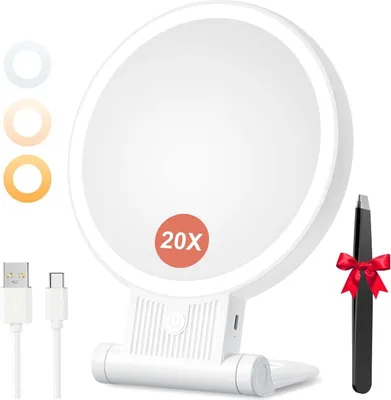 Produktbild von Kosmetikspiegel mit Beleuchtung, 20X/1X Doppelseitig Schminkspiegel mit Licht, Dimmbar Tischspiegel, 3 Farblichter, 2000 mAh, Faltbar Vergrößerungsspiegel für Zuhause Reise Kosmetik