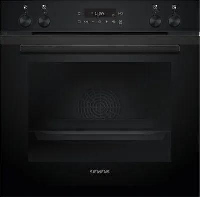 A front view of a black Siemens oven.