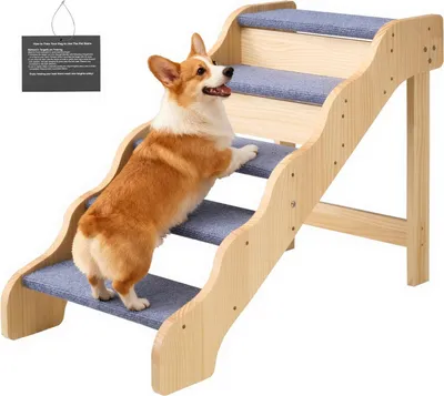 Produktbild von Hundetreppe - 5-stufige Holz-Haustiertreppe - Maße 91 x 43 x 63 cm - Belastbar bis 68 kg - Für kleine bis große Hunde, Senioren & Welpen - Für Bett, Sofa & Auto