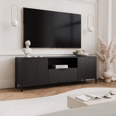 Image de Meuble TV IDOHOME LORIEN 160 cm, meuble TV bas noir, pieds et poignées en métal, fermeture amortie, motif à chevrons