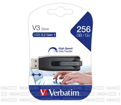 Produktbild von Verbatim V3 - USB 3.0-Stick 256 GB - Schwarz, 256 GB, USB Typ-A, 3.2 Gen 1 (3.1 Gen 1), 120 MB/s, Dia, Schwarz