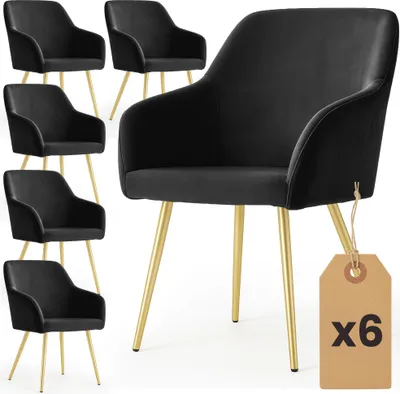 Produktbild von 6er Set Glatte Velours Esszimmerstühle ESTELLE Schwarz mit goldenen Beinen