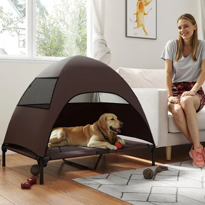 Produktbild von SUGIFT Hundeliege Outdoor mit Dach für Große Hunde, Erhöhtes Hundebett Sonnenschutz, Texteline Stahl, Kaffee | 106 x 76 x 99 cm | bis 35 kg | Dach abnehmbar