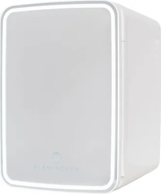 A white mini-refrigerator with an LED light strip around the door.