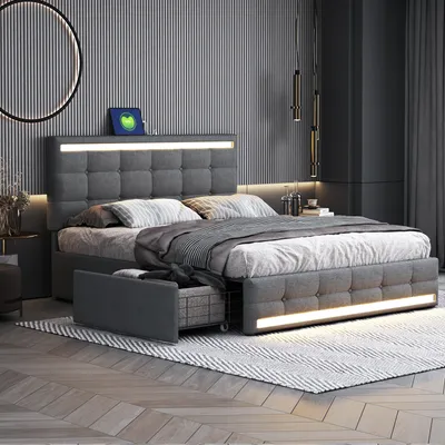 Produktbild von Flieks Stauraumbett Polsterbett 140x200cm mit 4 Schubladen, Jugendbett mit USB und LED, Doppelbett mit Lattenrost, Holzbett Leinen, Grau