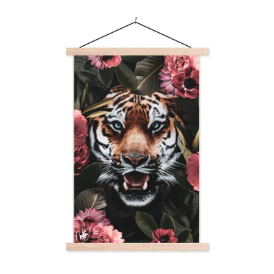 Produktbild von MuchoWow® Textilposter Rosa - Tiger - Pflanzen 40x60 cm mit holzfarbenen Rahmen - Poster