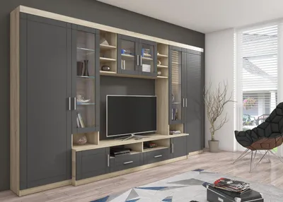 Produktbild von Wohnwand Paris Anbauwand Wohnkombi Wohnzimmer MDF Grau+ Sonoma Eiche matt