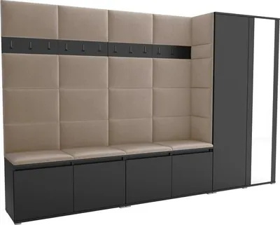 Produktbild von Garderoben-Set Noris V mit Spiegel, gepolsterte Garderobe 290 cm, Flurmöbel mit Wandpaneelen, 12 Haken und Schrank (Farbe: Schwarz + Trinity 04)
