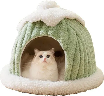 Produktbild von Famanu Katzenbett Iglo-Design mit abnehmbarem, waschbarem Kissen - Grüne Farbe