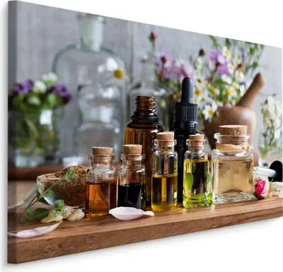 Produktbild von Fabelhafte Canvas LEINWAND BILDER 90x60 cm XXL Kunstdruck Kräuter Flora Öl Flaschen