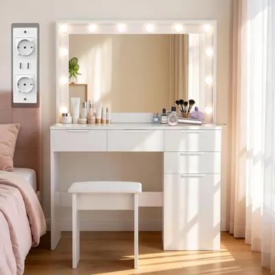 Produktbild von OYAJIA Schminktisch mit Spiegel und LED-Leuchten, Steckdosenleiste, Schubladen 1 Schränke, 12 dimmbare Glühbirnen, 3 Beleuchtungsmodi, Mit Hocker