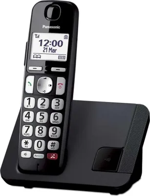 Zdjęcie produktu dla Panasonic KX-TGE250, Telefon w systemie DECT, Zestaw słuchawkowy bezprzewodowy, Głośnik, 1000 wejścia, Nazwa i identyfikacja dzwoniącego, Czarny