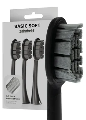 Produktbild von Zahnheld Bürstenkopf Ersatzbürsten Basic Soft - ideal für Gero Schallzahnbürsze, 3 Stück, Schwarz, weiche Wechselköpfe, sensible Zähne und Zahnfleisch