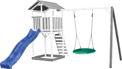 Image de Axi Beach Tower Aire De Jeux Blanc Avec Toboggan En Bleu, Balançoire Nid D'Oiseau Vert & Bac À Sable | Grande Maison Enfant Extérieur En Gris & Blanc