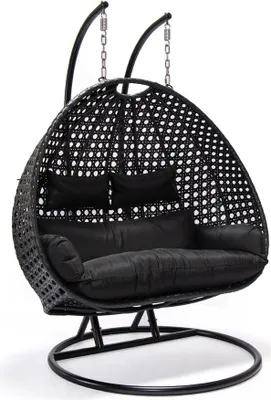 Produktbild von HOME DELUXE - Hängesessel TWIN - Schwarz, Höhe 195 cm - inkl. Gestell, Sitz- und Rückenkissen I Polyrattan Hängestuhl Gartenschaukel Hängekorb