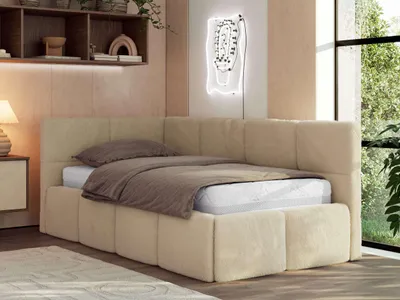 Produktbild von MKS MEBLE Jugendbett 90x200 cm ARVO Polsterbett mit Bettkasten, Mettalrahmen Stauraum & Gasdruckfeder, ohne Matratze - Beige Plüsch - Links Seite