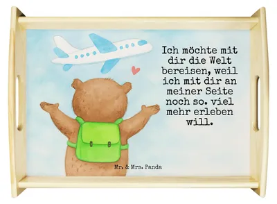Produktbild von Mr. & Mrs. Panda Dekotablett Bär Flugzeug Design - Weiß - Geschenk, für Freundin, Servier Tablett, Hochzeitstag, holz, serviertablett aus, Partner, Valentinstag, Frauen