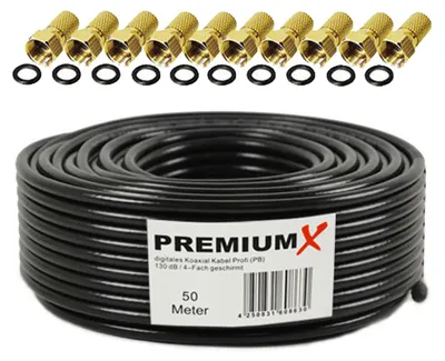 Obrázek produktu pro PremiumX 50 m PROFI koaxiální kabel černý 135 dB 4násobný MĚĎ 10x F konektor