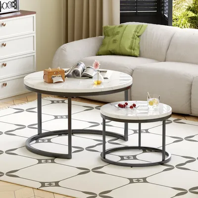 Produktbild von okwish 2-in-1-Couchtisch Tischplatte in Marmoroptik, Sofatisch Metallbeine,Für Wohnzimmer in Schwarz