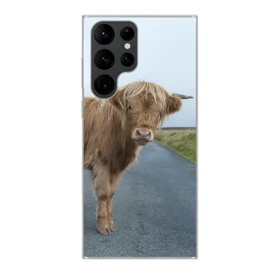 Produktbild von MuchoWow® Handyhülle Schutzhülle Hülle für Samsung Galaxy S22 Ultra Scottish Highlander - Straße - Gras Silikon Softcase Handy Hülle - Abbildung