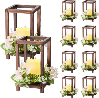 Produktbild von VEVOR 10er-Set Holzlaternen für Hochzeiten, inkl. 10 Holzlaternen-Kerzenhaltern, 10 flammenlosen LED-Kerzen, 10 Champagner-Blumenkränzen für Hochzeitstisch, Party, Bauernhaus-Dekoration, Braun
