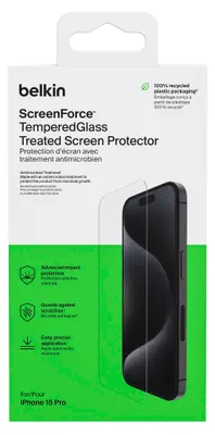 The image shows the packaging of a Belkin ScreenForce Tempered Glass Treated Screen Protector for an iPhone 15 Pro.