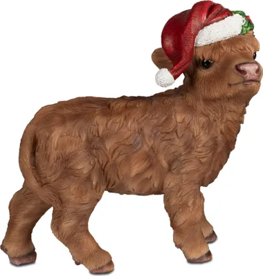 Produktbild von Dekofigur Hochland Rind mit Weihnachtsmütze stehend 20cm braun Formano WA