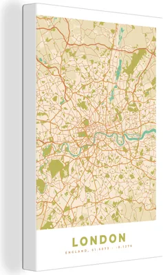 Obrázok produktu pre OneMillionCanvasses® - Obrazy na plátne - 90x140 cm, Londýn - Mapa mesta - Vintage - Mapa, Nástenná umelecká tlač Dekorácia na stenu - Fotografia na plátne - Maľba na drevenom ráme - Dekorácia na stenu - Spálňa