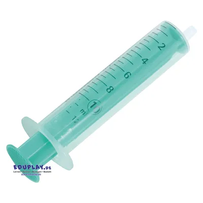 A transparent and turquoise syringe is shown against a white background.