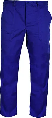 A pair of blue work pants is shown against a white background.