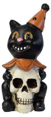 Produktbild von Vintage Halloween Katze mit Totenkopf 8 cm