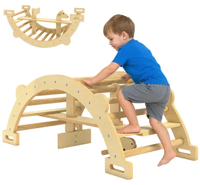 Productafbeelding van Montessori klimrek voor binnen, 2-in-1 houten klimboog, voor kinderen van 2-4 jaar, 110x52x45 cm, naturel hout