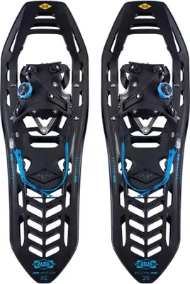 A pair of black and blue snowshoes are shown against a white background.