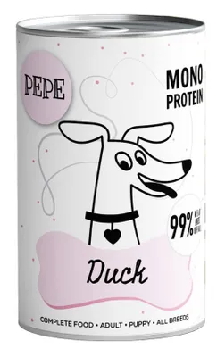 Zdjęcie produktu dla Paka Zwierzaka PEPE-KARMA MOKRA Duck 99% kaczka 400g Zawiera 99% mięsa, cennych podrobów oraz rosołu z kaczki