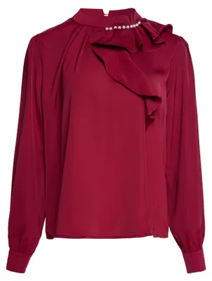 Produktbild von Rote Damen Bluse Größe S mit Stehkragen, langen Ärmeln, Rüschen und Perlen