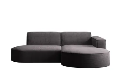 A dark gray sectional sofa with a chaise lounge against a white background.