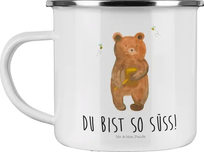 Produktbild von Mr. & Mrs. Panda Pott Bär Honig - Weiß - Geschenk, Freund, Campingbecher, Partner, Emaille Tasse, Teddy, Haferl, Blechtasse, Liebe, Teetasse
