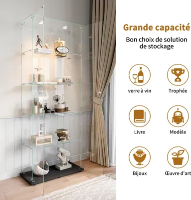 Image de Vitrine en verre - Vitrine sur pied à double porte - 5 étagères - Éclairage tactile - Pour objets de collection - Socle noir