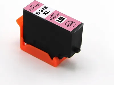 A light magenta ink cartridge is shown in an orange holder against a white background.