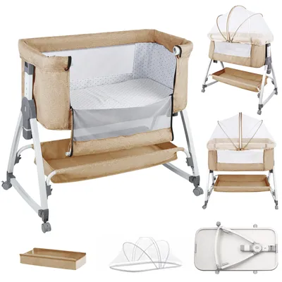 Produktbild von Beistellbett Babywiege freistehendes Babybett - mit Matratze,Höhenverstellung faltbar Khaki